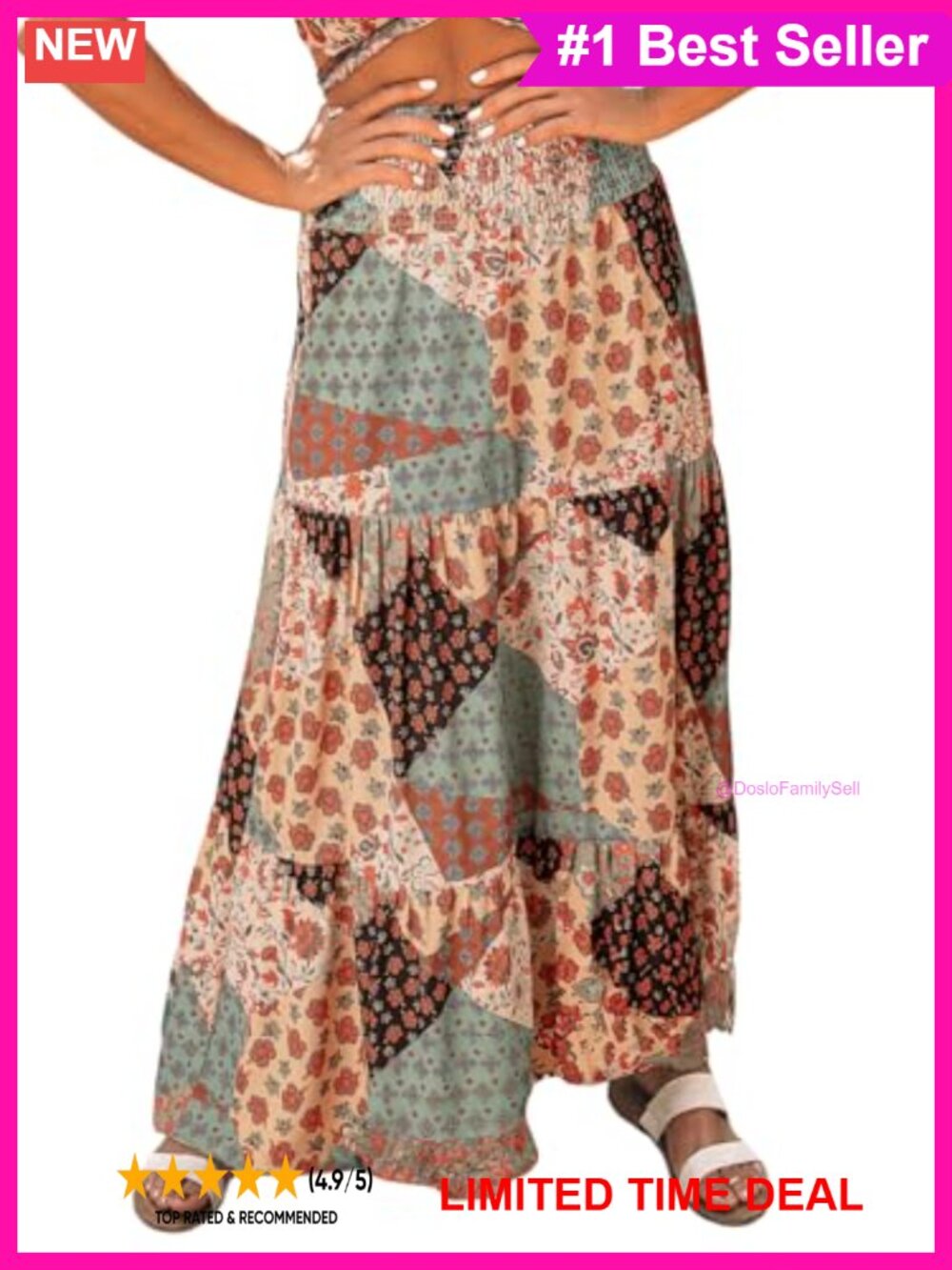 Boho Floral Print Maxi Skirt High Waist Pleated Ruffle Flowy Long